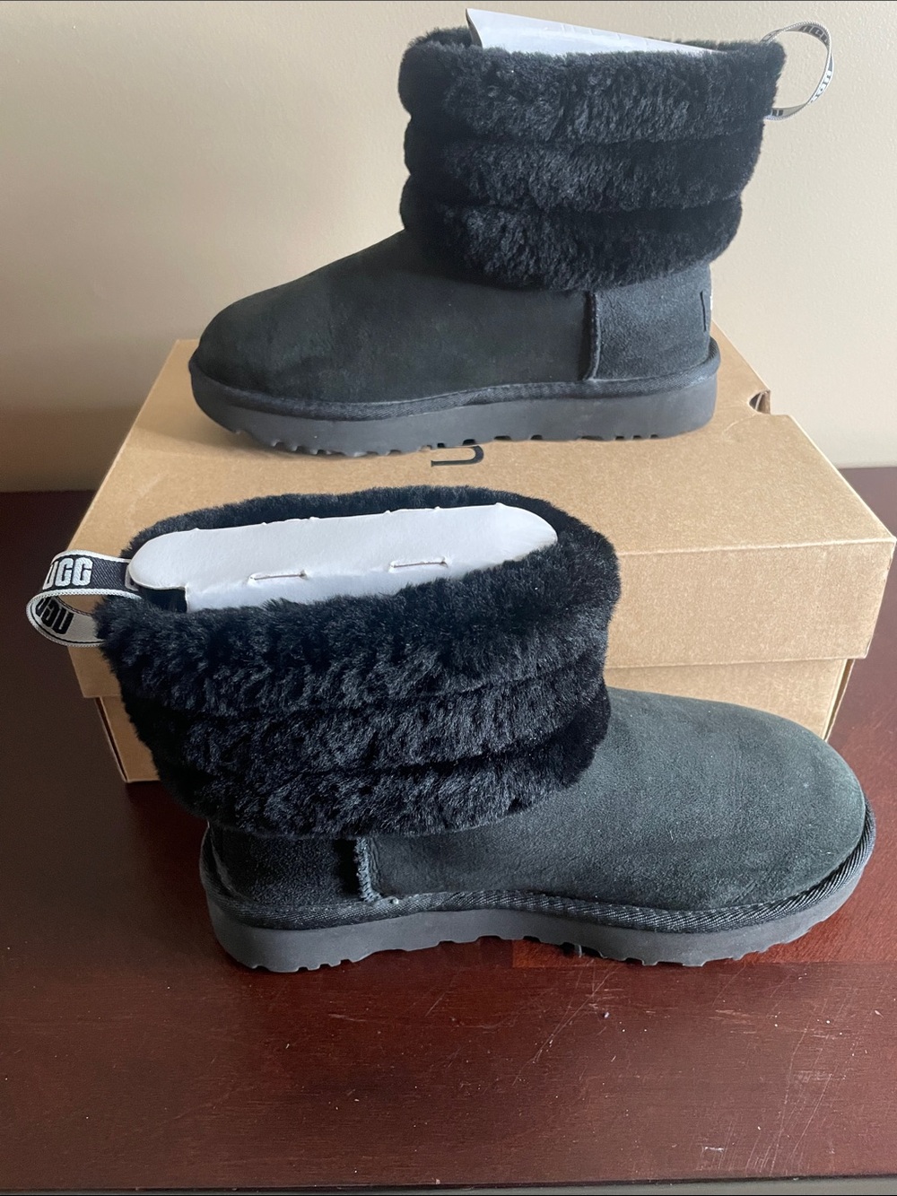 UGG Black Short Plush Cuff Suede Slippers